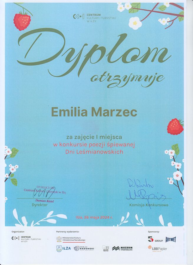 Dni Leśmianowskie 2024 - dyplom dla Emilii Marzec